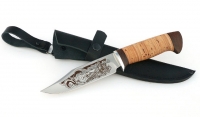 Нож Дельфин, сталь AISI 440C, рукоять береста, дюраль, гравировка